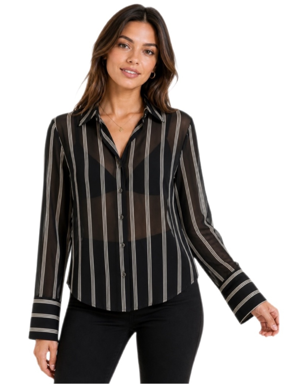 NWT White House Black Market Sheer Striped Button Down Blouse Size 4